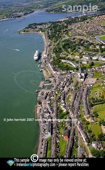 Over Cobh and quay with cruiseliner
